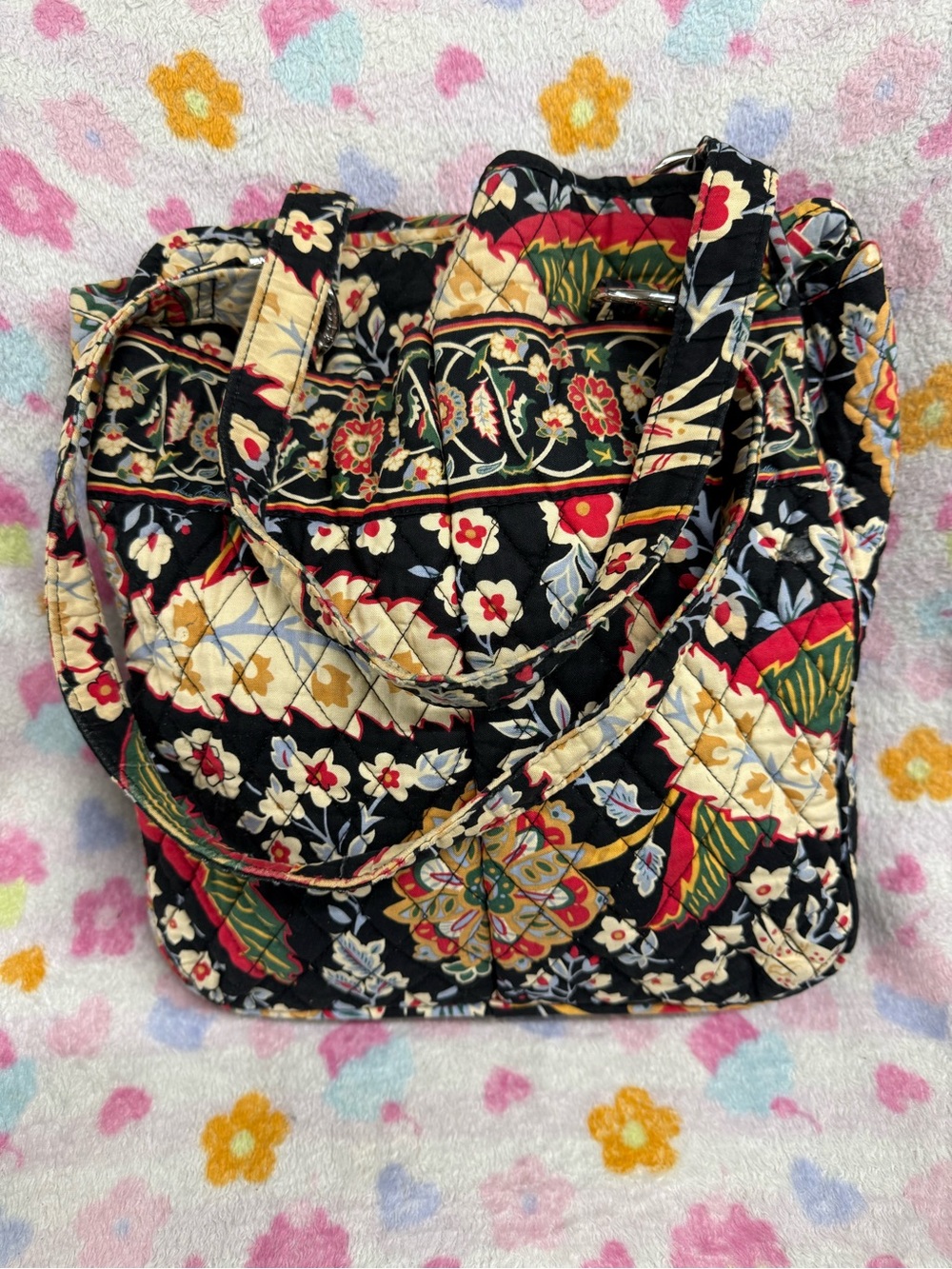 Vera Bradley Black Floral Quilted Tote with Red & Gold Accents
